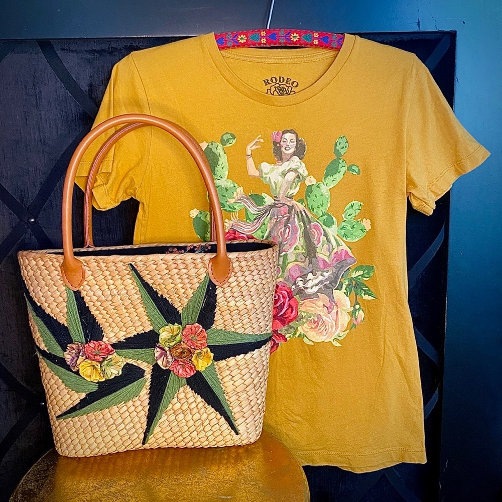 Embroidered Straw Tote Bag in Natural with Green Accents - Picture 9 of 11